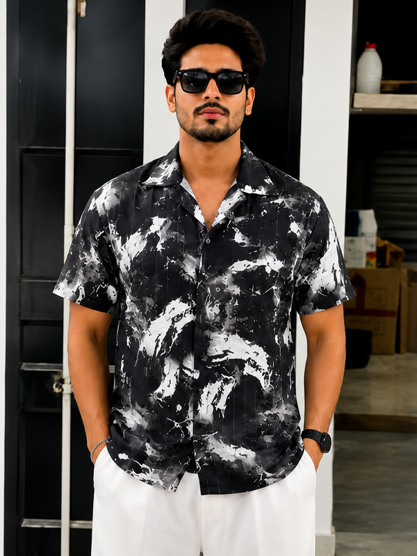 BB-6640 BLACK WHITE PRINTED SMART FIT SHIRT