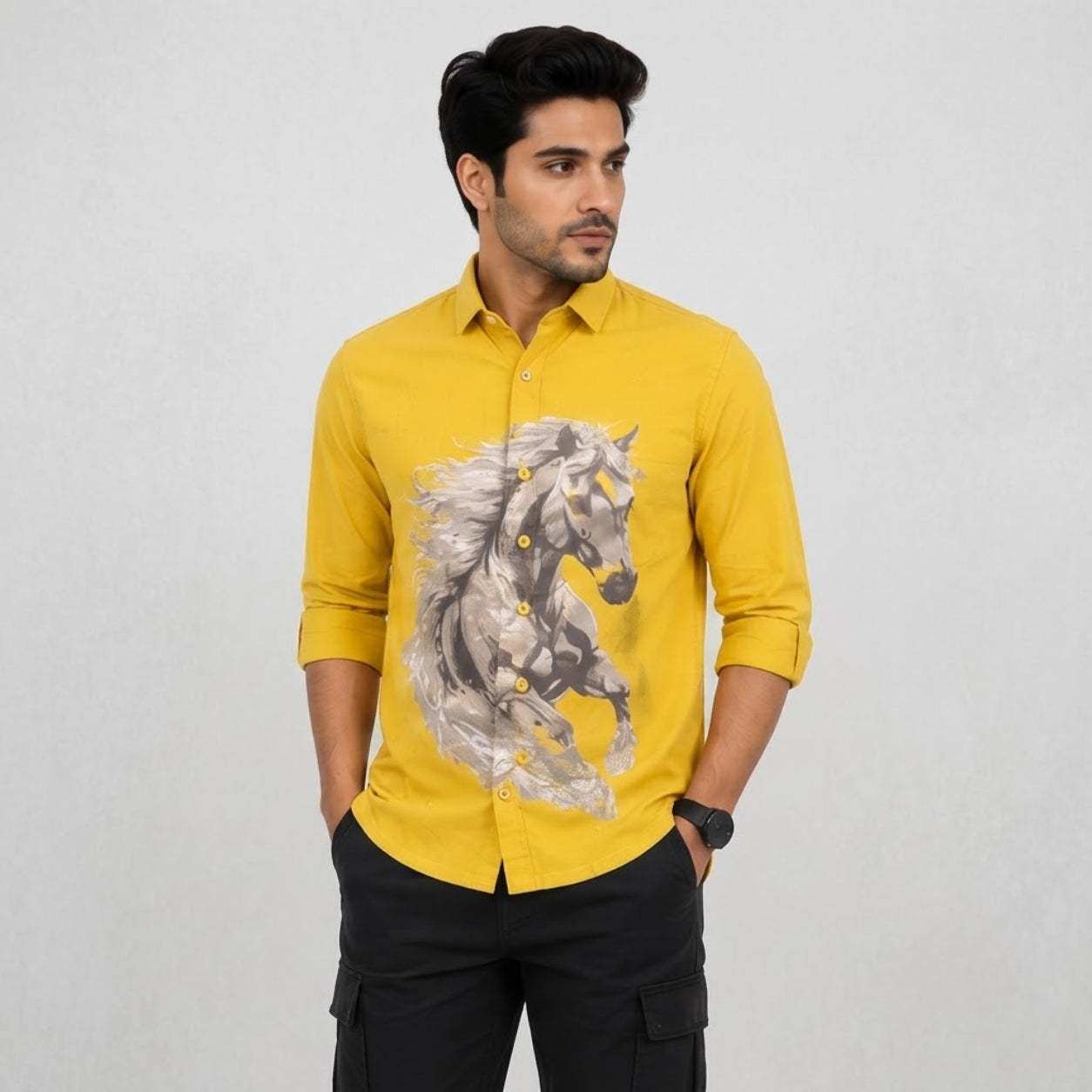 TGT 727-2 HOURSE PRINTED YELLOW SHIRT