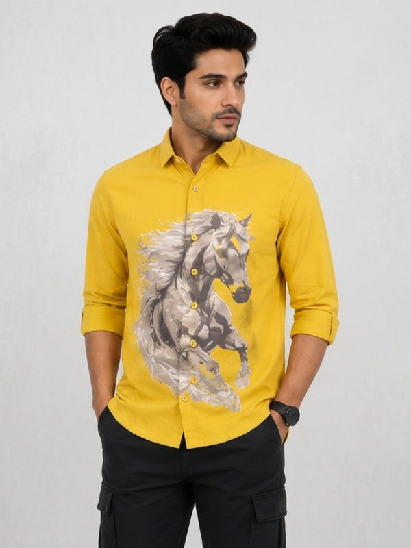 TGT 727-2 HOURSE PRINTED YELLOW SHIRT