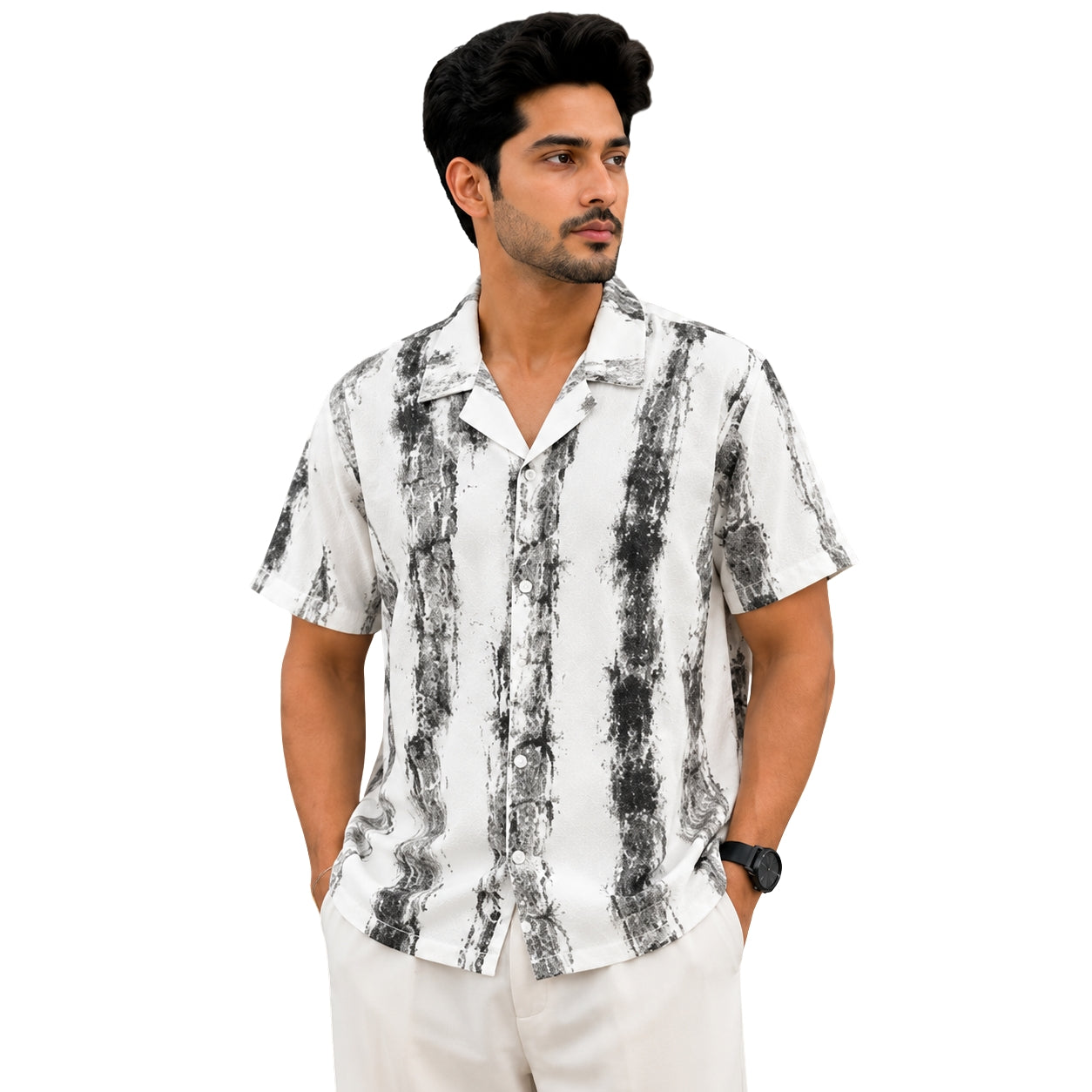 BB-6639 WHITE BLACK PRINTED SMART FIT SHIRT