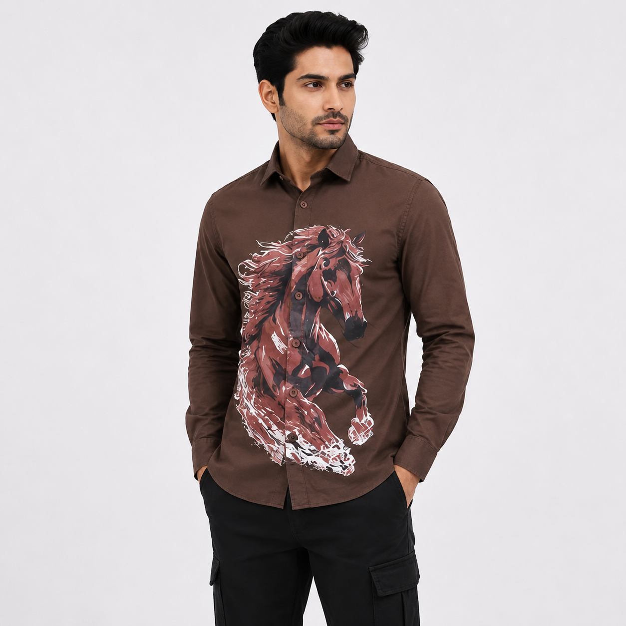 TGT 727-2 HOURSE PRINTED BROWN SHIRT