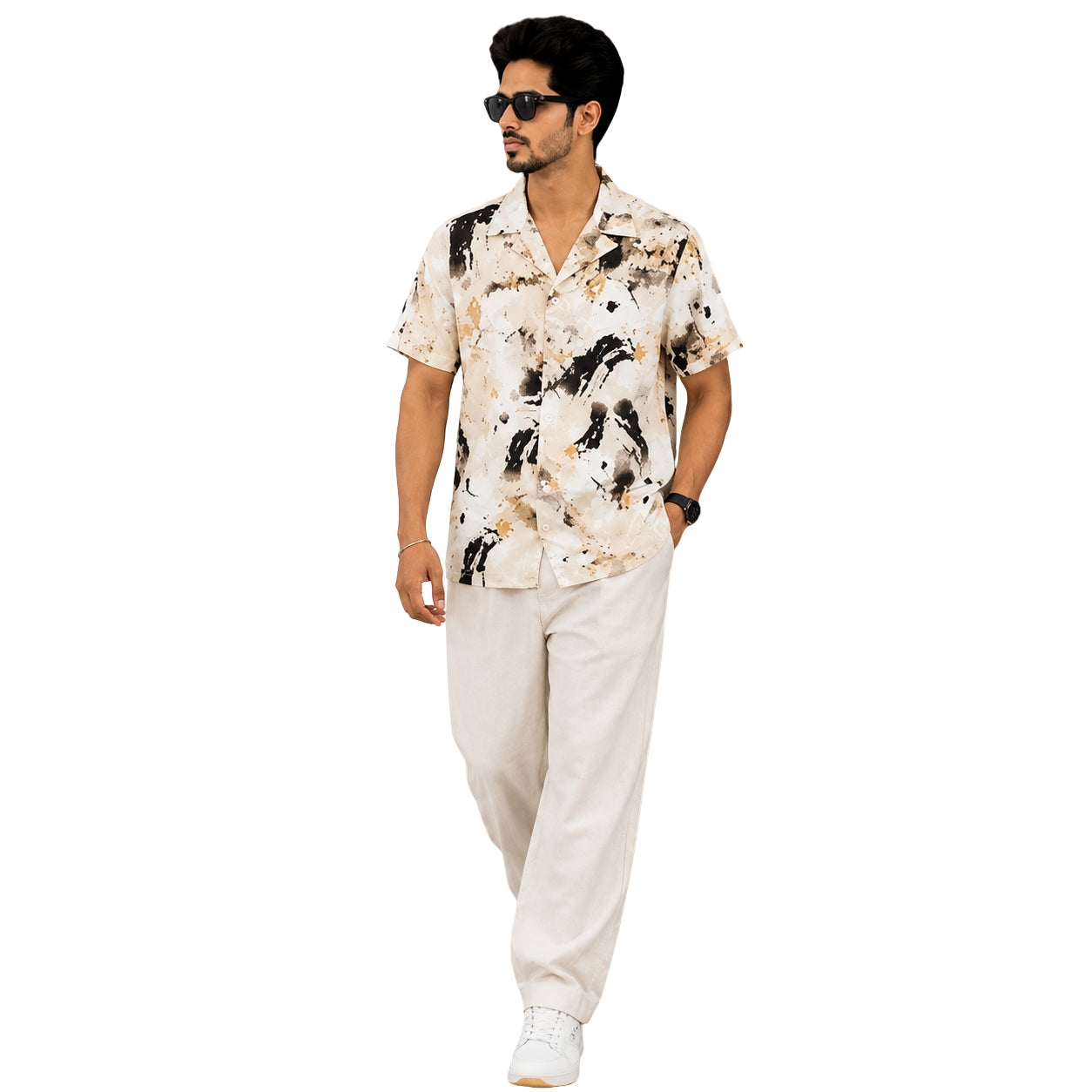 BB-6640 CREEAM BLACK PRINTED SMART FIT SHIRT