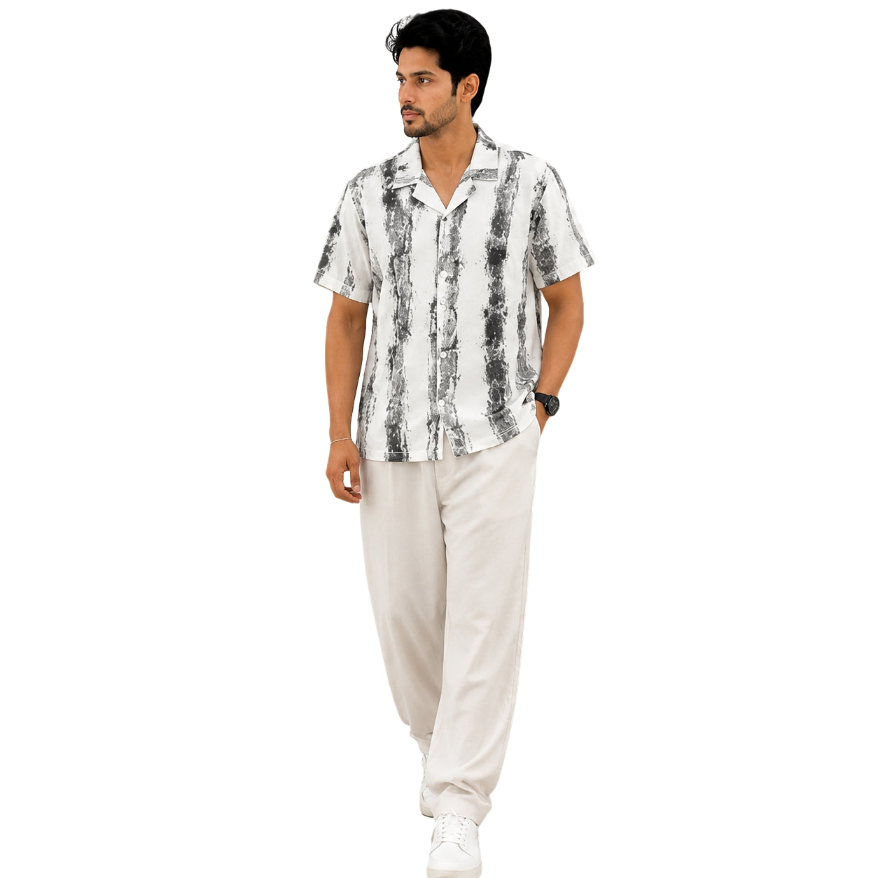 BB-6639 WHITE BLACK PRINTED SMART FIT SHIRT