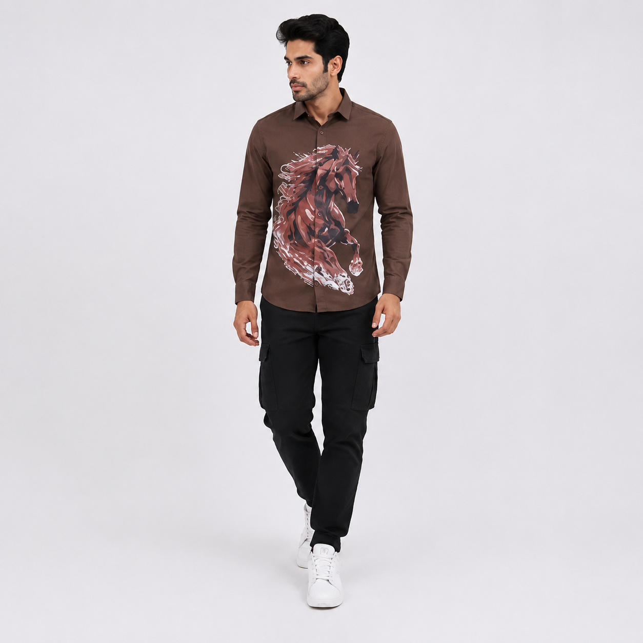 TGT 727-2 HOURSE PRINTED BROWN SHIRT