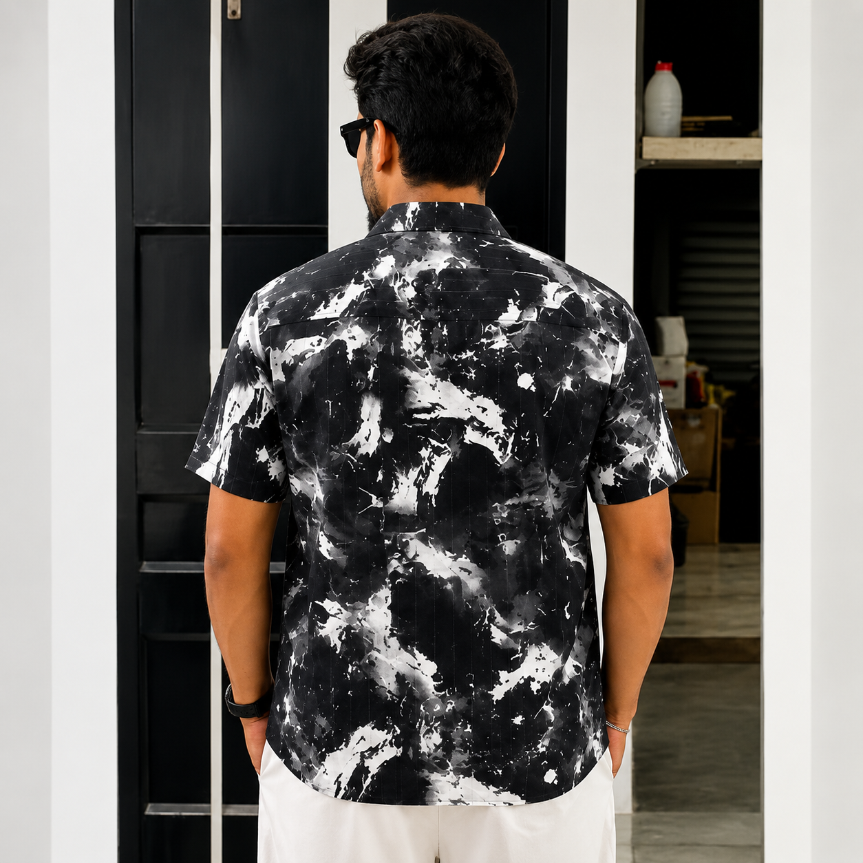 BB-6640 BLACK WHITE PRINTED SMART FIT SHIRT