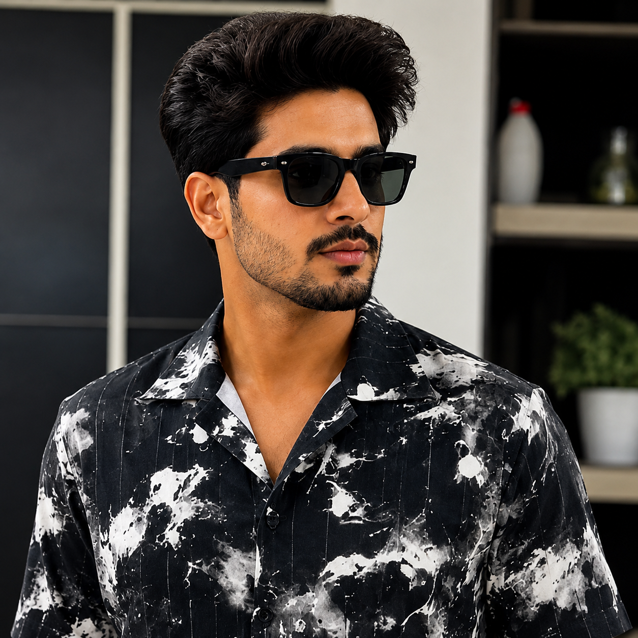 BB-6640 BLACK WHITE PRINTED SMART FIT SHIRT