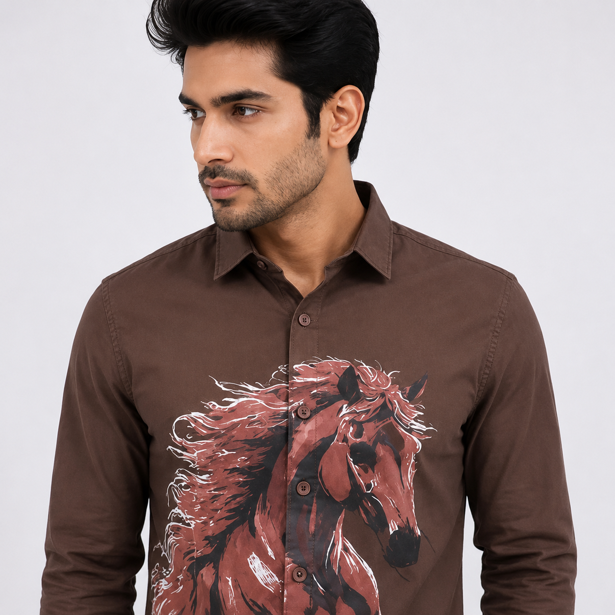 TGT 727-2 HOURSE PRINTED BROWN SHIRT
