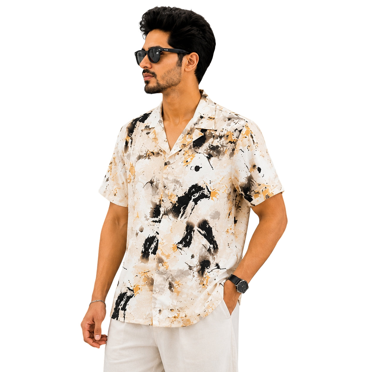 BB-6640 CREEAM BLACK PRINTED SMART FIT SHIRT