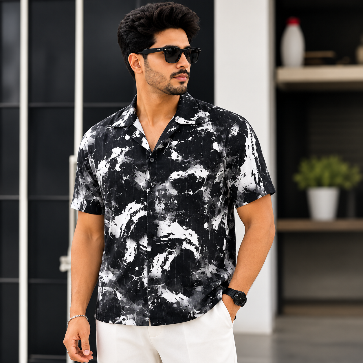 BB-6640 BLACK WHITE PRINTED SMART FIT SHIRT