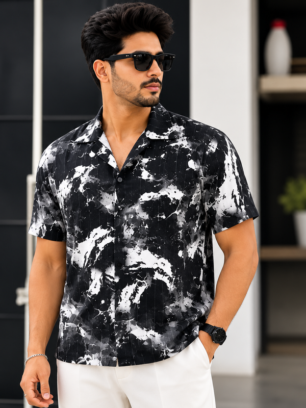 BB-6640 BLACK WHITE PRINTED SMART FIT SHIRT