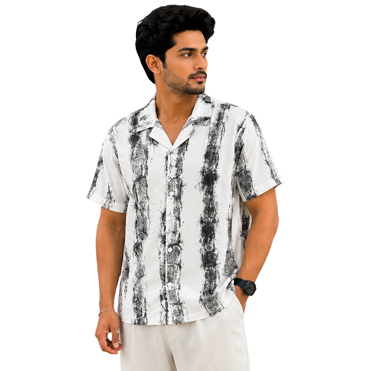 BB-6639 WHITE BLACK PRINTED SMART FIT SHIRT
