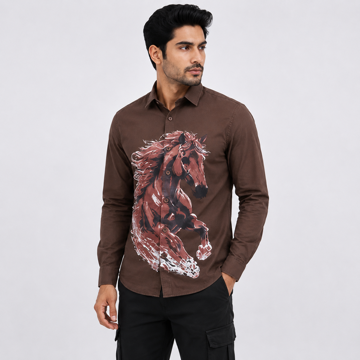TGT 727-2 HOURSE PRINTED BROWN SHIRT